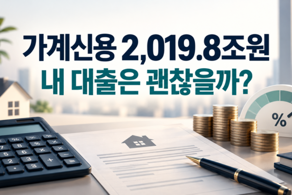 가계신용 2,019.8조원과 대출 점검을 표현한 계산기와 주택대출 서류