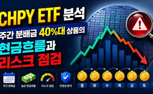CHPY ETF 주간 분배금 40%대 상품의 현금흐름과 하락 리스크를 그래프와 반도체 이미지로 표현한 투자 분석 썸네일