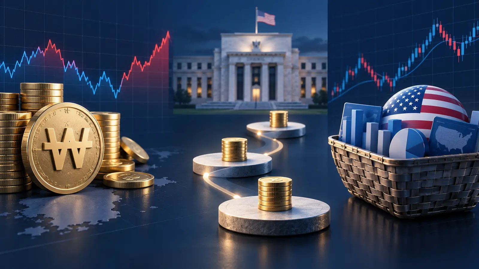 FOMC 발표 날 미국 ETF 주문 시점과 지정가 전략을 표현한 금융 일러스트