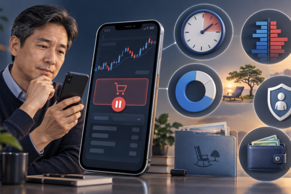 퇴직연금 ETF 주문 미체결 원인을 확인하는 40대 투자자와 거래 체크 아이콘