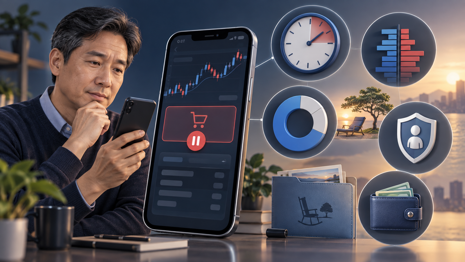 퇴직연금 ETF 주문 미체결 원인을 확인하는 40대 투자자와 거래 체크 아이콘