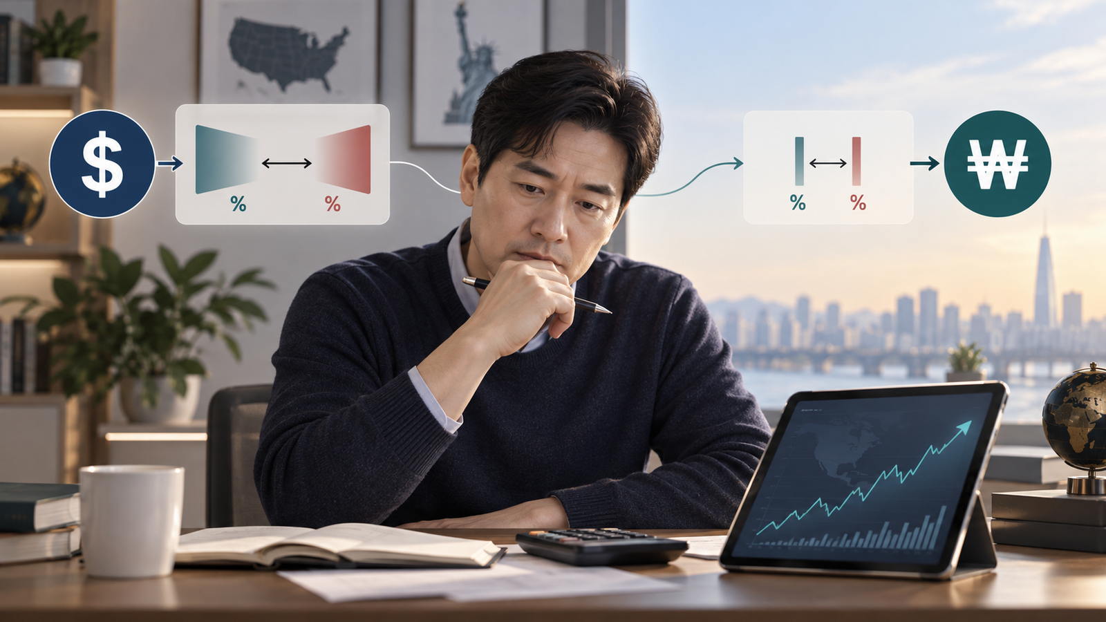 환율 우대 95% 적용 전후의 달러 환전비용을 계산하는 40대 투자자
