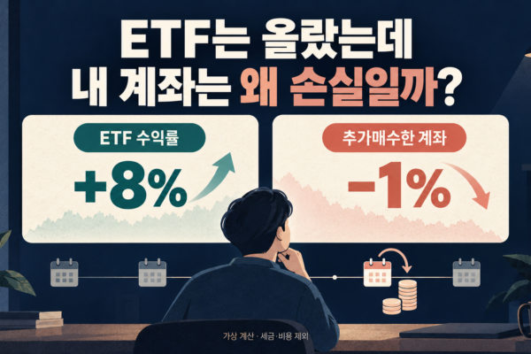 ETF 수익률 8%와 추가매수 계좌의 납입원금 대비 손익률 마이너스 1%를 비교한 가상 계산