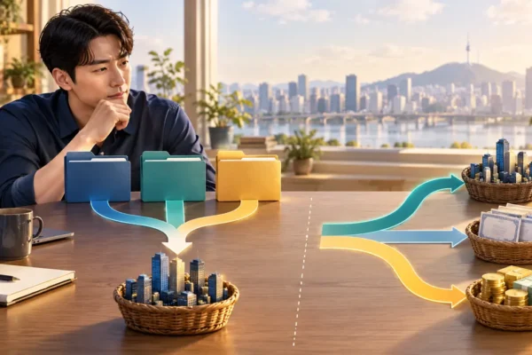 S&P500 ETF 세 상품이 같은 주식 바구니로 모이는 모습과 주식·채권·현금으로 나뉘는 자산 분산을 비교한 일러스트