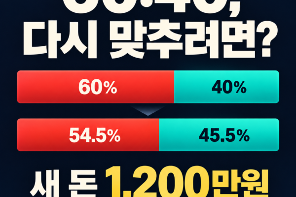 주식·채권 ETF 60대40 비중이 주식 20% 하락 후 약 54.5대45.5가 되고 신규 납입금 1,200만원이 필요한 가상 계산