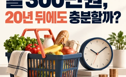 은퇴 생활비와 물가를 상징하는 장바구니와 시계, 월 300만원의 미래 구매력을 묻는 표지