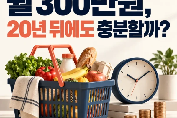 은퇴 생활비와 물가를 상징하는 장바구니와 시계, 월 300만원의 미래 구매력을 묻는 표지