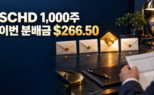 SCHD 1,000주 이번 분배금 266.50달러와 네 분기 지급을 보여 주는 금융 썸네일