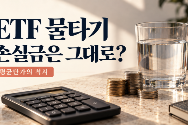 ETF 물타기와 평균단가의 착시를 설명하는 문구 옆 계산기·동전·물잔