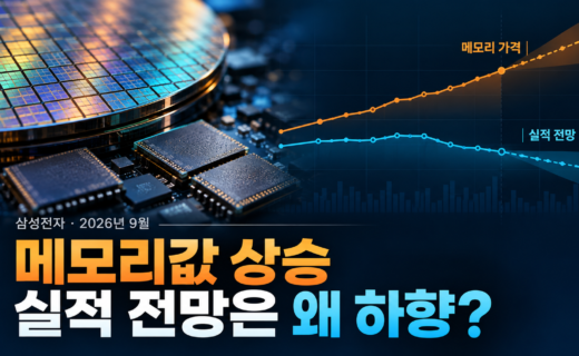 삼성전자 실적 전망 하향과 메모리 가격 상승의 대비를 보여주는 반도체 웨이퍼 및 분석선