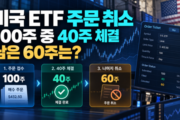 미국 ETF 100주 주문에서 40주가 체결되고 남은 60주가 취소되는 흐름을 보여주는 썸네일