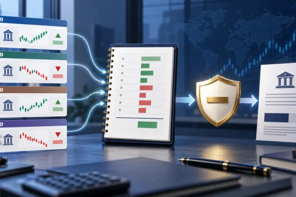 여러 미국 ETF 계좌의 이익과 손실을 연간 합산해 기본공제를 적용하는 금융 인포그래픽