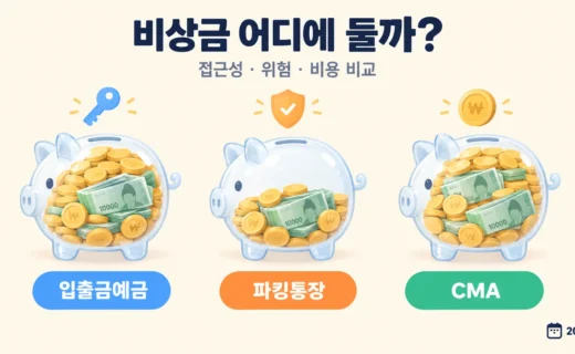 비상금 보관 수단 비교: 입출금예금·파킹통장·CMA의 접근성·위험·비용 총정리의 핵심 내용을 보여주는 가로형 대표 이미지