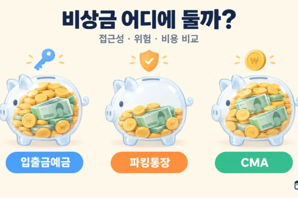 비상금 보관 수단 비교: 입출금예금·파킹통장·CMA의 접근성·위험·비용 총정리의 핵심 내용을 보여주는 가로형 대표 이미지