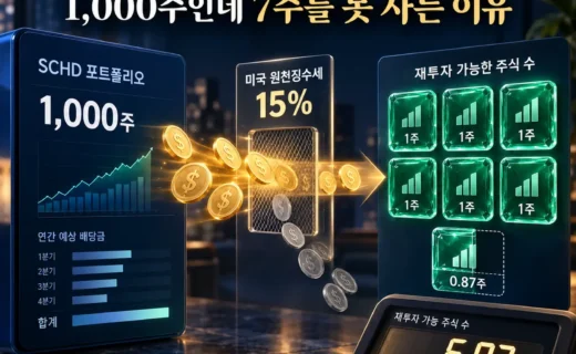 SCHD 배당 재투자 계산: 1,000주 분배금이 미국 원천징수 15% 후 6.87주가 되는 과정