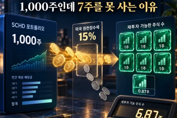 SCHD 배당 재투자 계산: 1,000주 분배금이 미국 원천징수 15% 후 6.87주가 되는 과정