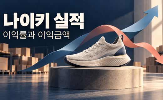 나이키 실적의 이익률과 이익금액 차이를 표현한 운동화와 물류창고 연출 이미지