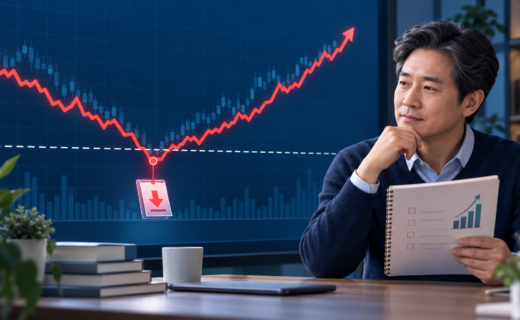 ETF 가격이 손절 기준선 아래로 잠시 하락한 뒤 회복하는 차트를 보며 투자 계획을 점검하는 중년 투자자