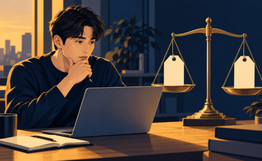 노트북과 저울 앞에서 은퇴자금 인출과 생활비의 균형을 고민하는 투자자 일러스트