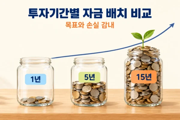 투자기간별 자금 배치 비교: 1년·5년·15년 목표와 손실 감내, 워킹맘의 현실 정리의 핵심 내용을 보여주는 가로형 대표 이미지