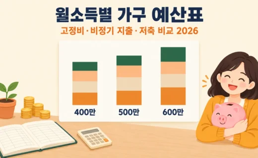 월소득 400만·500만·600만원 가구 예산표: 고정비·비정기 지출·저축 비교 2026의 핵심 내용을 보여주는 가로형 대표 이미지