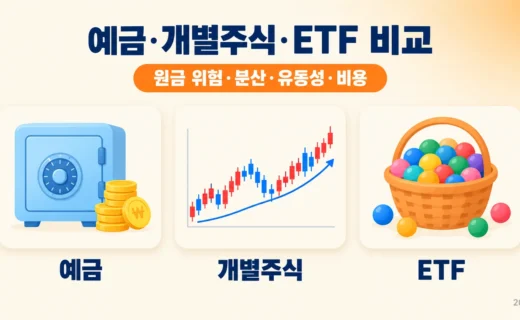 예금·개별주식·ETF 비교: 원금 위험·분산·유동성·비용 한눈에 정리의 핵심 내용을 보여주는 가로형 대표 이미지